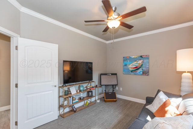 6900 Tatum Cir, Amarillo, TX 79119 - living area with crown molding, ceiling fan, and wood finished floors