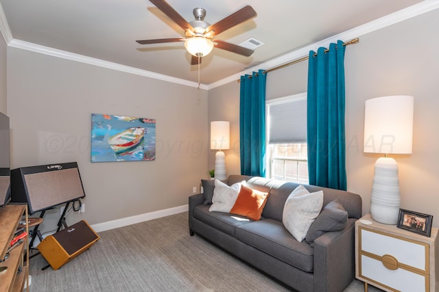 6900 Tatum Cir, Amarillo, TX 79119 - carpeted living area featuring ceiling fan and ornamental molding