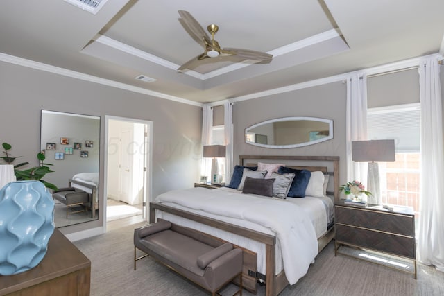 6900 Tatum Cir, Amarillo, TX 79119 - bedroom with a raised ceiling, carpet, crown molding, and ceiling fan