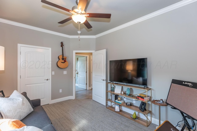 6900 Tatum Cir, Amarillo, TX 79119 - living room with ceiling fan, crown molding, and carpet flooring