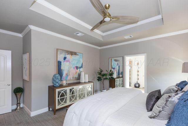 6900 Tatum Cir, Amarillo, TX 79119 - bedroom featuring a raised ceiling, carpet, crown molding, and a ceiling fan