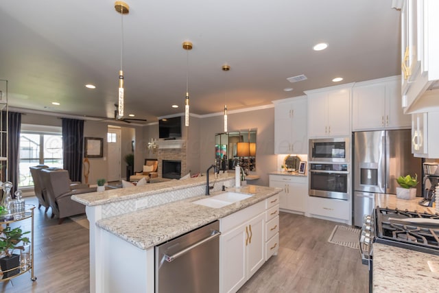 6900 Tatum Cir, Amarillo, TX 79119 - kitchen with stainless steel appliances, a fireplace, light wood-style floors, open floor plan, and recessed lighting