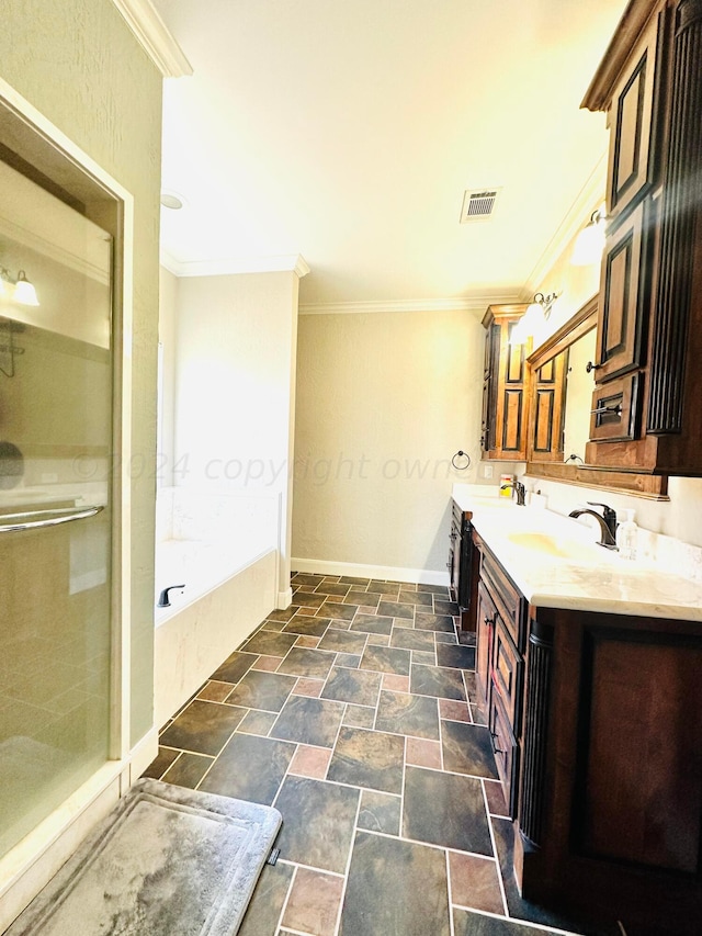 bathroom featuring a bathing tub, vanity, and ornamental molding