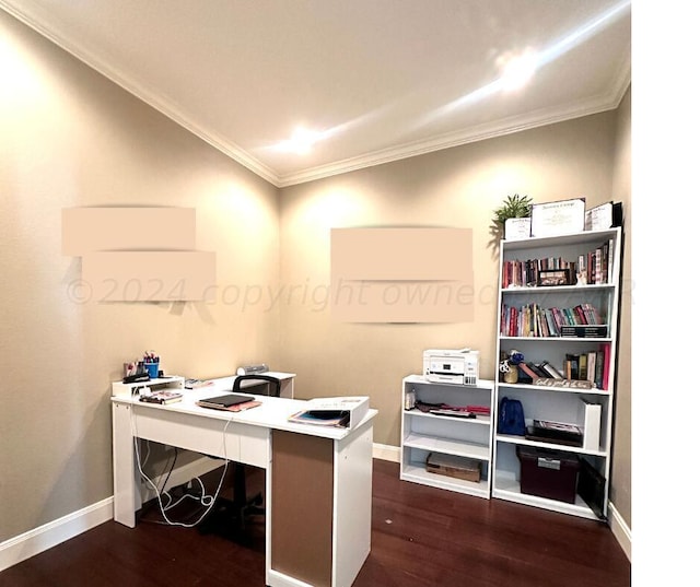 901 Melinda Ln, Dumas, TX 79029 - office area featuring dark wood-style flooring and crown molding