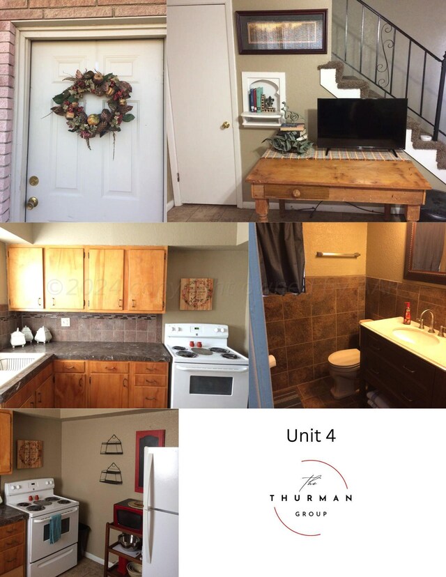 kitchen with tasteful backsplash, white appliances, and sink