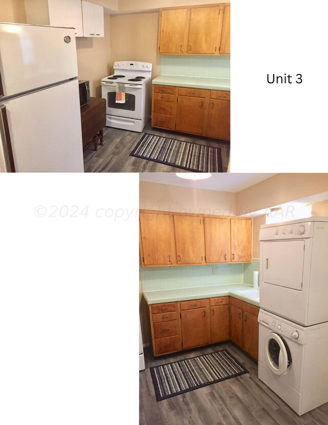 kitchen with white appliances, dark hardwood / wood-style floors, and stacked washing maching and dryer