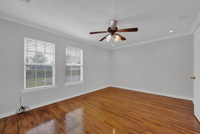 unfurnished room featuring hardwood / wood-style floors, a ceiling fan, baseboards, ornamental molding, and recessed lighting