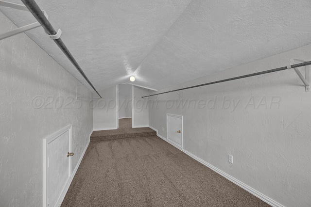 walk in closet with vaulted ceiling and carpet floors
