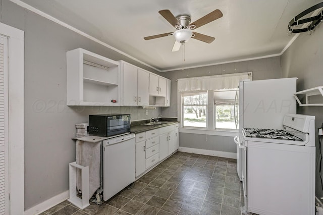 504 High St, Claude, TX 79019 - kitchen with white appliances, a sink, open shelves, white cabinetry, and crown molding