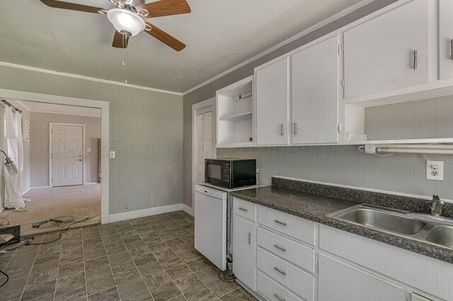 504 High St, Claude, TX 79019 - kitchen featuring black microwave, dishwasher, open shelves, a sink, and white cabinetry