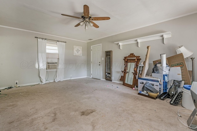 504 High St, Claude, TX 79019 - unfurnished living room with carpet, ceiling fan, ornamental molding, and baseboards