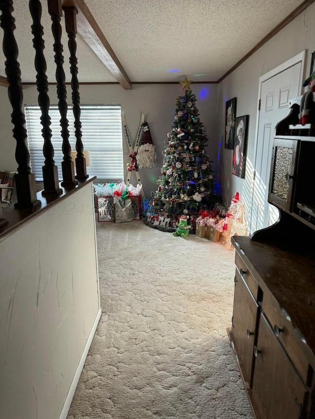 2318 Atkinsen St, Amarillo, TX 79106 - hall featuring carpet, a textured ceiling, crown molding, and beamed ceiling