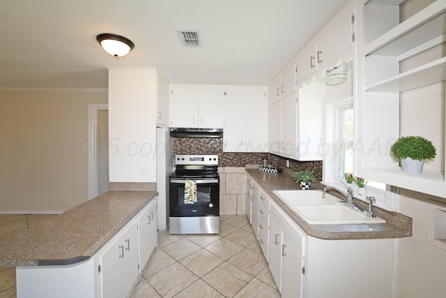 kitchen with backsplash, visible vents, a sink, electric stove, and under cabinet range hood