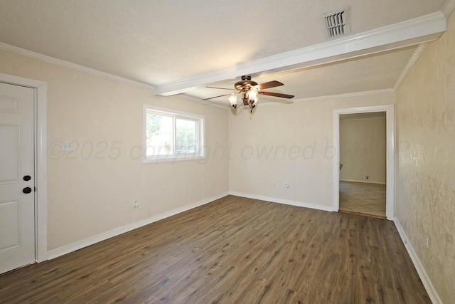 unfurnished room with baseboards, a ceiling fan, wood finished floors, and visible vents