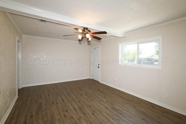 unfurnished room featuring visible vents, ornamental molding, baseboards, ceiling fan, and dark wood-type flooring