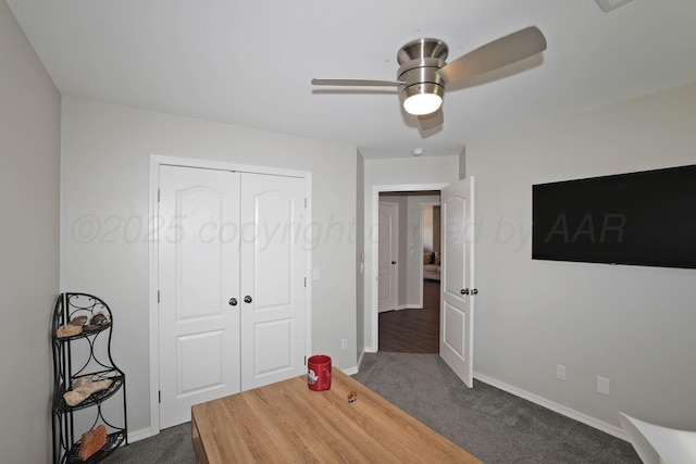 4103 San Angelo Ave, Amarillo, TX 79118 - bedroom with dark colored carpet, a closet, baseboards, and ceiling fan