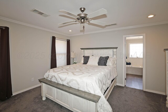 4103 San Angelo Ave, Amarillo, TX 79118 - bedroom featuring dark carpet, crown molding, recessed lighting, baseboards, and a ceiling fan