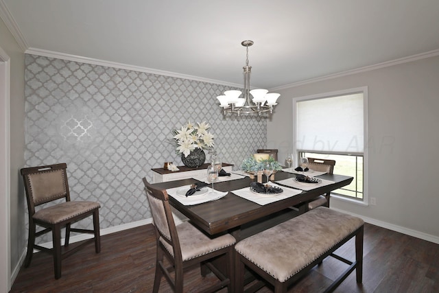 4103 San Angelo Ave, Amarillo, TX 79118 - dining area with wallpapered walls, a chandelier, baseboards, crown molding, and dark wood-type flooring