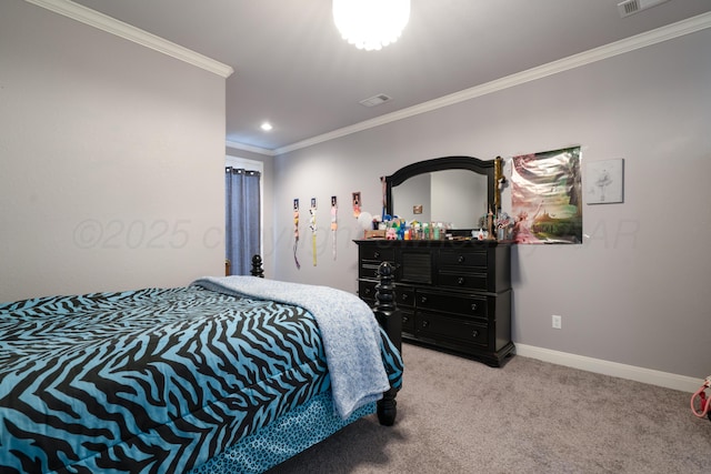 bedroom with recessed lighting, baseboards, light colored carpet, and ornamental molding