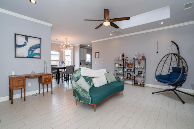 living room with visible vents, ornamental molding, ceiling fan with notable chandelier, and recessed lighting
