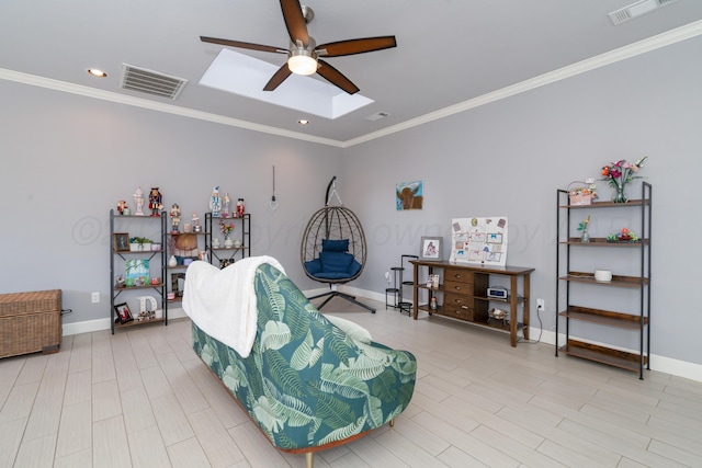 interior space featuring visible vents, a ceiling fan, and ornamental molding