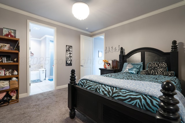 bedroom with baseboards, ornamental molding, carpet, and connected bathroom