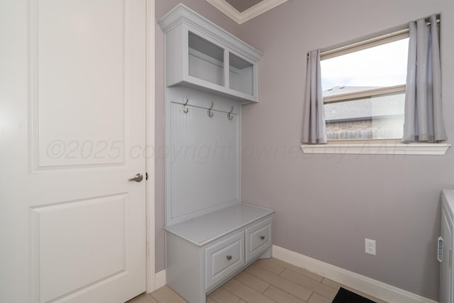 mudroom with crown molding and baseboards