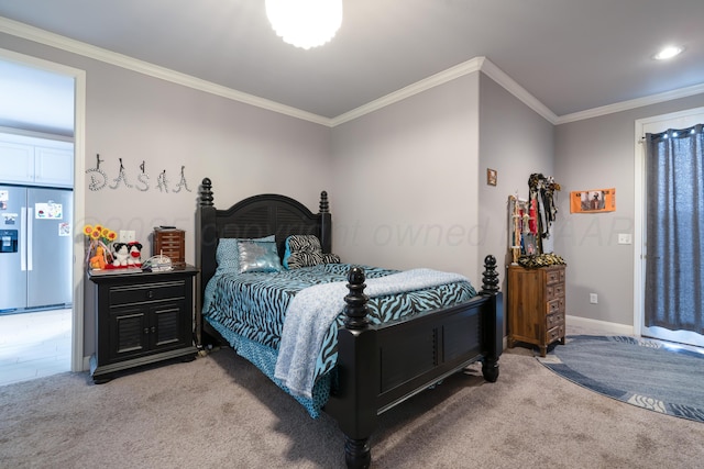 carpeted bedroom featuring crown molding, baseboards, and stainless steel fridge with ice dispenser