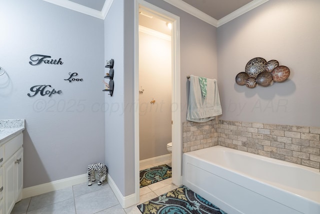 bathroom with tile patterned flooring, vanity, toilet, ornamental molding, and a garden tub