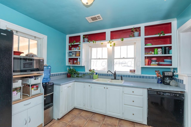 kitchen featuring open shelves, visible vents, white cabinetry, a sink, and black appliances