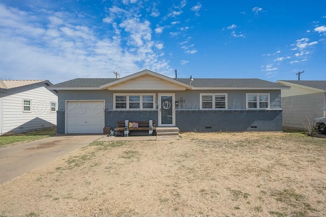 ranch-style home featuring a garage, brick siding, a shingled roof, concrete driveway, and crawl space