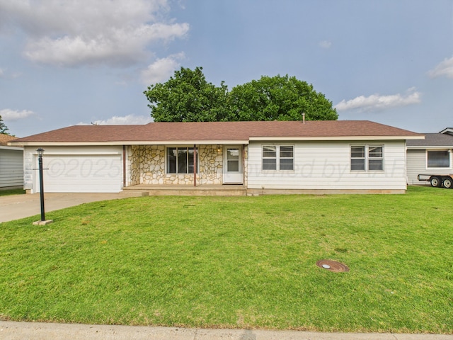 502 Spruce Ave, Dumas, TX 79029 - ranch-style home with an attached garage, a front yard, concrete driveway, stone siding, and covered porch