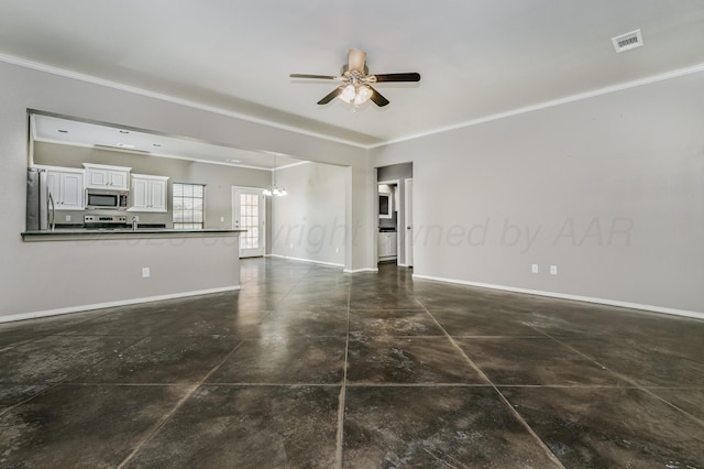 7907 Crestline Dr, Amarillo, TX 79119 - unfurnished living room featuring a ceiling fan, ornamental molding, concrete flooring, and a chandelier
