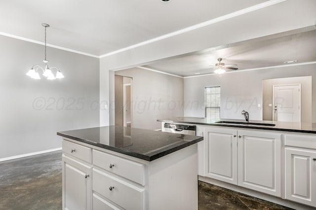 7907 Crestline Dr, Amarillo, TX 79119 - kitchen featuring a kitchen island, ornamental molding, white cabinetry, a chandelier, and concrete floors