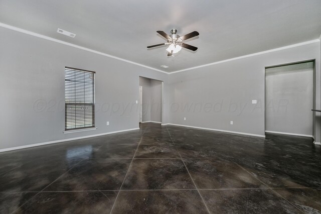7907 Crestline Dr, Amarillo, TX 79119 - spare room with concrete flooring, ornamental molding, and ceiling fan
