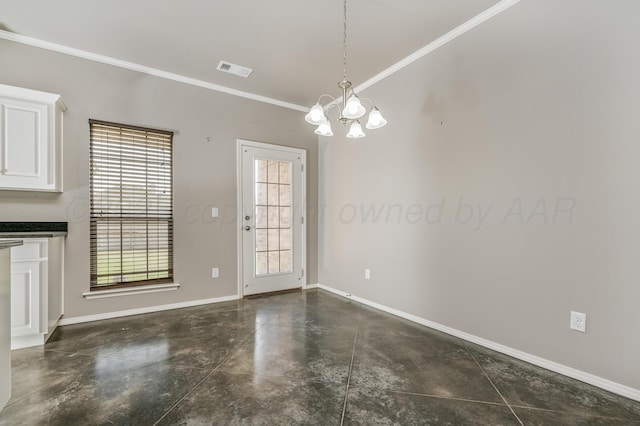 7907 Crestline Dr, Amarillo, TX 79119 - unfurnished dining area with finished concrete floors, ornamental molding, and a chandelier