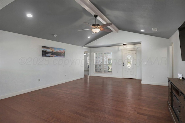 unfurnished living room featuring wood finished floors, lofted ceiling with beams, baseboards, ceiling fan, and recessed lighting