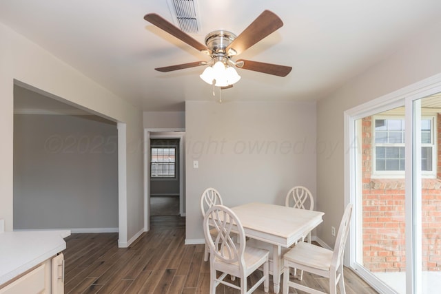5519 Alvarado Rd, Amarillo, TX 79106 - dining area with dark wood-style flooring, plenty of natural light, and a ceiling fan