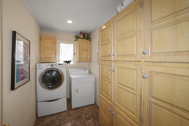 3449 Irving Ln, Amarillo, TX 79121 - washroom with cabinet space, washing machine and clothes dryer, stone finish flooring, and ornamental molding