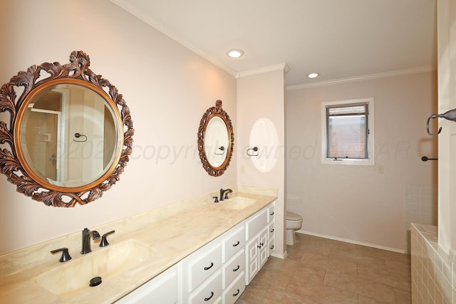 3449 Irving Ln, Amarillo, TX 79121 - bathroom with ornamental molding, double vanity, a shower with door, and recessed lighting