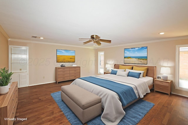 3449 Irving Ln, Amarillo, TX 79121 - bedroom featuring dark wood-style floors, ornamental molding, recessed lighting, and a ceiling fan