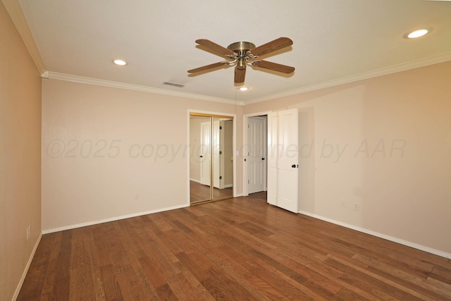 3449 Irving Ln, Amarillo, TX 79121 - empty room with crown molding, dark wood-style floors, ceiling fan, and recessed lighting