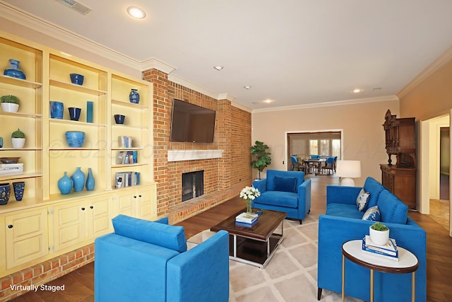 3449 Irving Ln, Amarillo, TX 79121 - living area featuring recessed lighting, a brick fireplace, crown molding, and wood finished floors