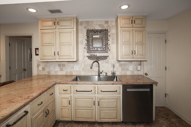 3449 Irving Ln, Amarillo, TX 79121 - kitchen featuring dishwashing machine, cream cabinetry, tasteful backsplash, and ornamental molding