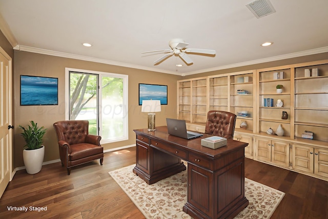 3449 Irving Ln, Amarillo, TX 79121 - office featuring ceiling fan, wood finished floors, crown molding, and recessed lighting