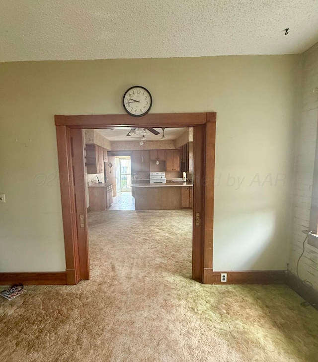 interior space with carpet floors, a textured ceiling, and baseboards