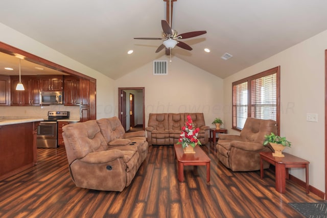 living room with ceiling fan, vaulted ceiling, and dark hardwood / wood-style floors