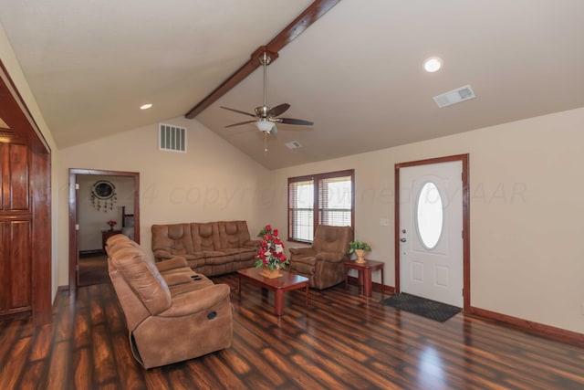 living room featuring dark hardwood / wood-style flooring, vaulted ceiling with beams, and ceiling fan