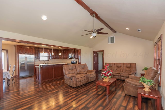 living room featuring ceiling fan, sink, vaulted ceiling with beams, and dark hardwood / wood-style flooring