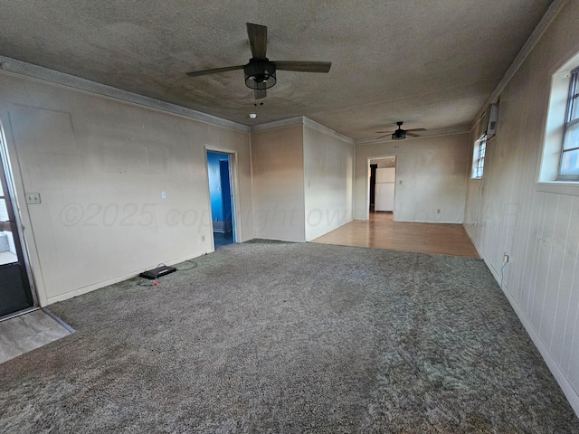 carpeted spare room featuring crown molding, ceiling fan, and a textured ceiling